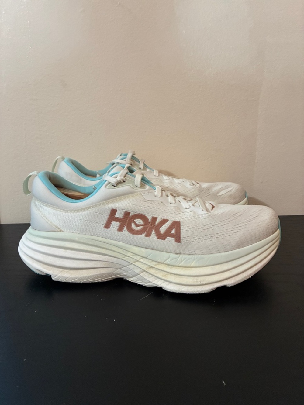 HOKA Women's Bondi 8 running shoes likely in the Frost Rose Gold size 9.5